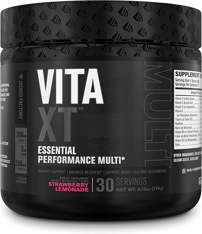 Jacked Factory Vita XT Performance Vitamin Powder - Daily Multivitamin Powder for Men with KSM-66 Ashwagandha, Prebiotic Fiber, Vitamin A, C, D, K, B6, B12, & More - Strawberry Lemonade, 30Sv