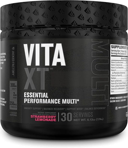 Jacked Factory Vita XT Performance Vitamin Powder - Daily Multivitamin Powder for Men with KSM-66 Ashwagandha, Prebiotic Fiber, Vitamin A, C, D, K, B6, B12, & More - Strawberry Lemonade, 30Sv