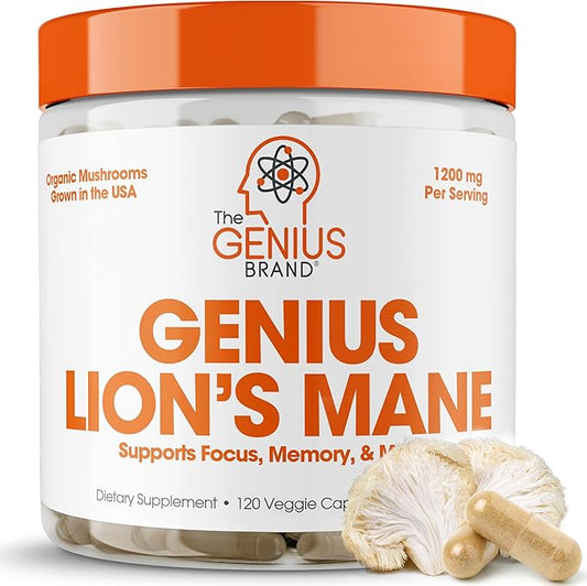 Genius Lions Mane Cognition Vitamins Supplement Capsules - Organic Nootropic Supplement, 1200mg per Serving – 120 Veggie Pills
