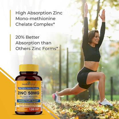 Sandhu Herbals Zinc 50mg Supplement for Men & Women| High Absorption Zinc Monomethionine Complex 120 Capsules (Pack of 2)| Zinc Supplements for Immune, Acne & Antioxidant Support