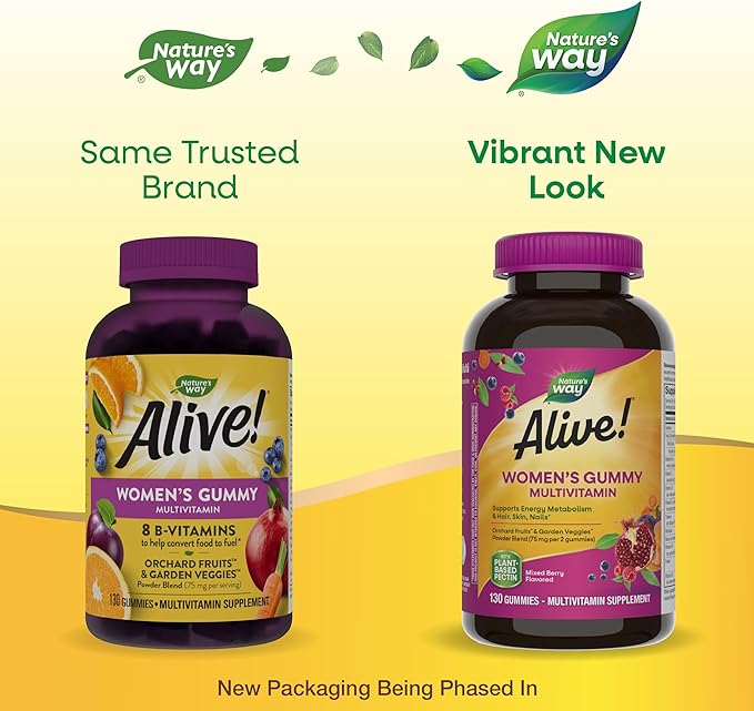 Nature's Way Alive! Women's Daily Gummy Multivitamins, 16 Vitamins & Minerals, Energy Metabolism*, Hair Skin & Nails*, Vegetarian, Mixed Berry Flavored, 130 Gummies (Packaging May Vary)