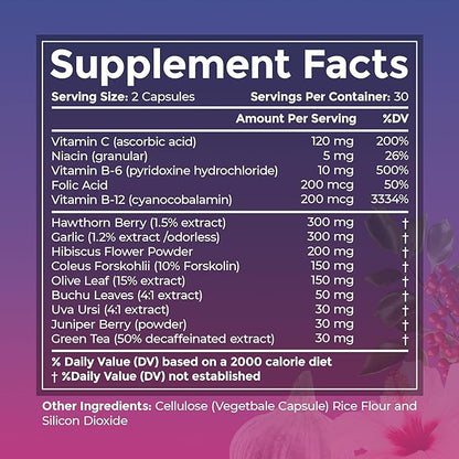 Blood Pressure Supplements - Advanced Blood Pressure Supplement Complex - Hawthorn Berry, Hibiscus, Garlic, Forskolin - 14 Vitamins & Herbs, 30 Day Supply in Veggie Capsules