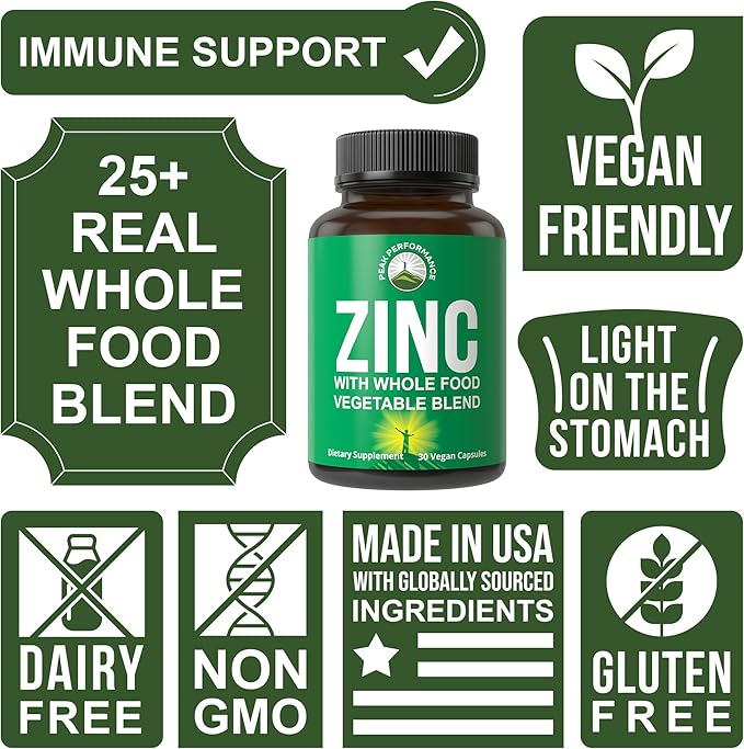 Vegan Zinc Supplement with Vitamin C + Whole Food Blend of 25 Vegetables and Fruits for Max Absorption. Zinc Supplements Zinc 30mg Capsules, Pills, Tablets, Vitamins for Adults Both Men and Women