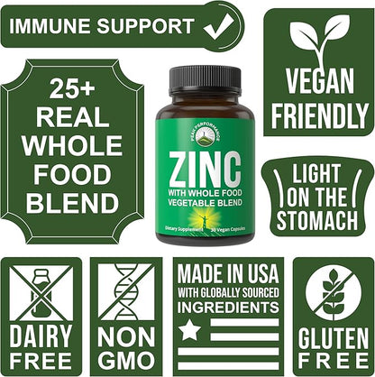 Vegan Zinc Supplement with Vitamin C + Whole Food Blend of 25 Vegetables and Fruits for Max Absorption. Zinc Supplements Zinc 30mg Capsules, Pills, Tablets, Vitamins for Adults Both Men and Women