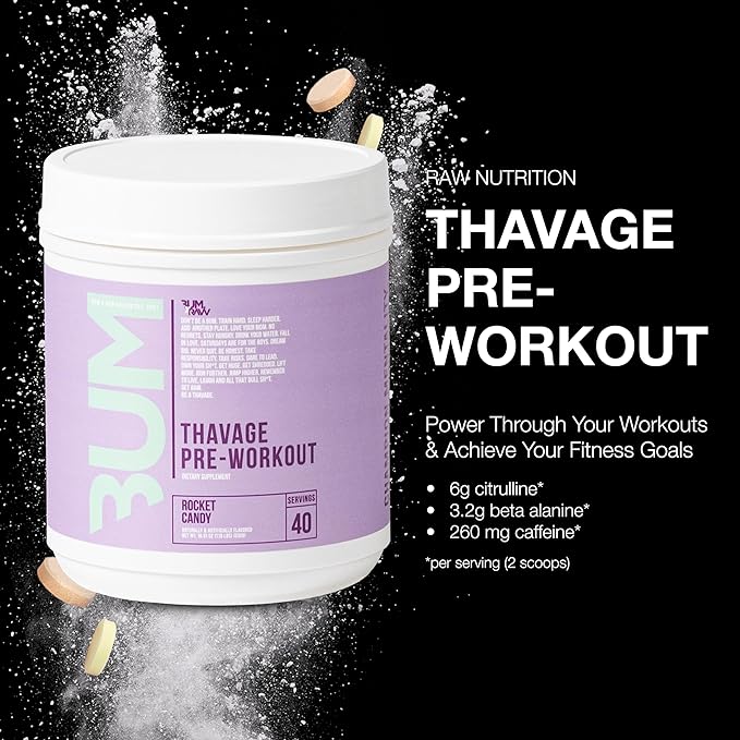 RAW Preworkout Powder, Thavage (Rocket Candy) - Chris Bumstead Sports Nutrition Supplement for Men & Women - Cbum Pre Workout for Working Out, Hydration, Mental Focus & Energy - 40 Servings
