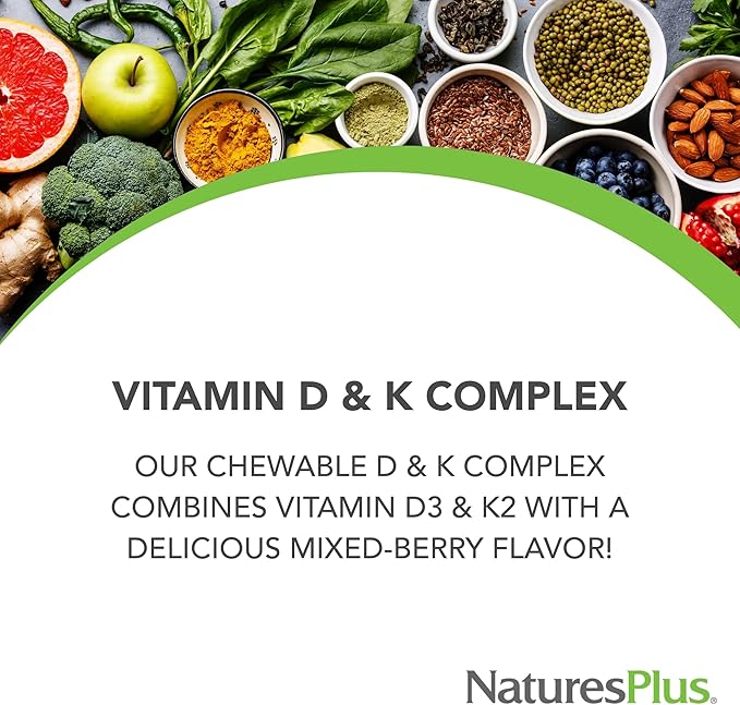Natures Plus D & K Complex - 60 Mixed Berry Chewables - Supports Calcium Metabolism - Vegetarian, Non-GMO, Gluten Free, Soy Free - 60 Servings