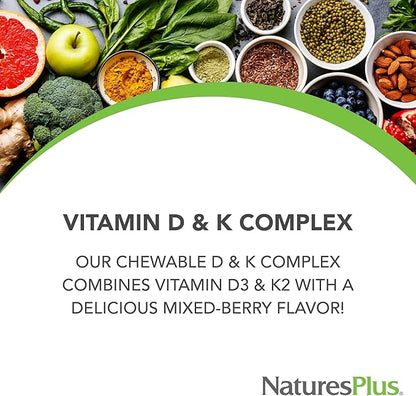 Natures Plus D & K Complex - 60 Mixed Berry Chewables - Supports Calcium Metabolism - Vegetarian, Non-GMO, Gluten Free, Soy Free - 60 Servings