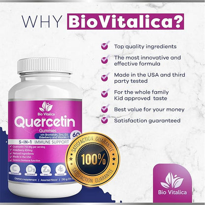 BIO VITALICA Quercetin Gummies by BioVitalica - Quercetin with Bromelain Vitamin C and Zinc & Elderberry + Vitamin D3-5 in 1 Immune Support - Zinc Quercetin 750 mg for Kids and Adult (6, Quercetin)