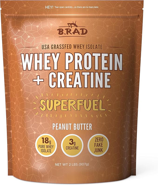 B.rad Grass-Fed Whey Protein Isolate Powder with Creatine | All-Natural, Ultra-Pure, Clean Ingredients | 100% USA-Sourced Superfuel | 2 Pounds | Peanut Butter