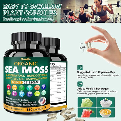 Organic Sea Moss Capsules 27,850mg with Sea Moss,Black Seed Oil,Ashwagandha,Bladderwrack,Ginger,Burdock Root for Immune System,Skin,Energy Support-USA Made (150 Capsules)