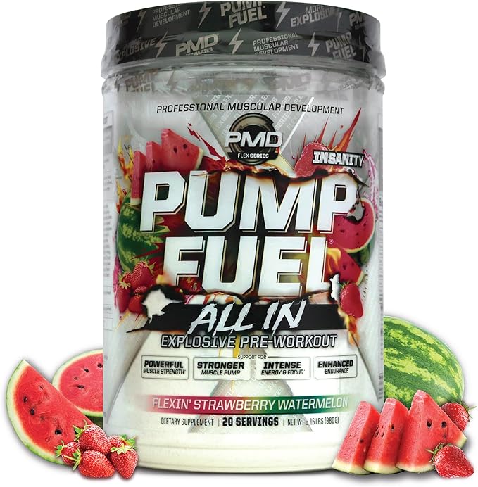 PMD Sports Pump Fuel All in Insanity - Ultimate Muscle Pump Supplement & Pre Workout Powder - Maximum Energy and Focus with Premium Creatine, Beta Alanine & More - Strawberry Watermelon (20 Servings)
