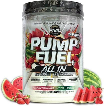 PMD Sports Pump Fuel All in Insanity - Ultimate Muscle Pump Supplement & Pre Workout Powder - Maximum Energy and Focus with Premium Creatine, Beta Alanine & More - Strawberry Watermelon (20 Servings)