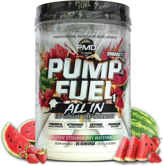 PMD Sports Pump Fuel All in Insanity - Ultimate Muscle Pump Supplement & Pre Workout Powder - Maximum Energy and Focus with Premium Creatine, Beta Alanine & More - Strawberry Watermelon (20 Servings)