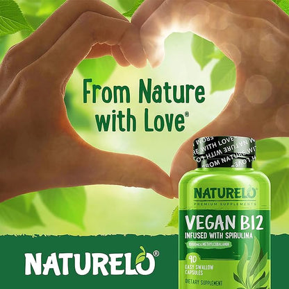 NATURELO Vegan B12 - Methyl B12 with Organic Spirulina - High Potency Vitamin B12 1000 mcg Methylcobalamin - Supports Healthy Mood, Energy, Heart & Eye Health - 90 Capsules