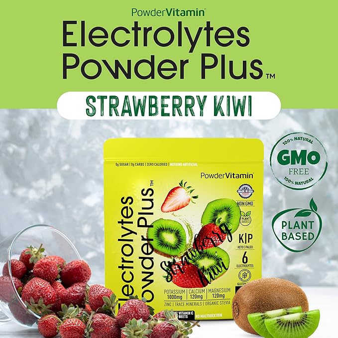 Electrolytes Powder Plus (50 Servings), 0 Calorie Keto, 0 Sugar, No Maltodextrin,1000mg Potassium,120mg Calcium,120mg Magnesium, Hydration Powder (50 Servings, Strawberry Kiwi)