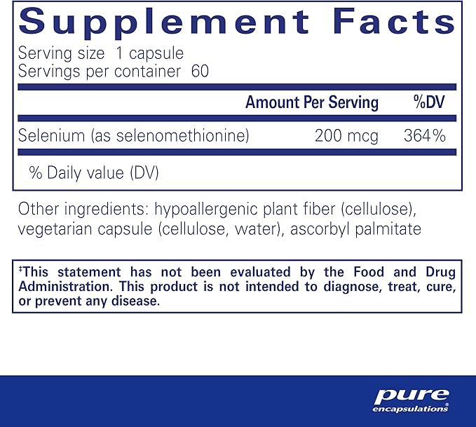 Pure Encapsulations Selenium - 200 mcg - for Healthy Cellular Function, Immune System & Antioxidant Defenses - Mineral Supplement - Vegan & Gluten Free - 60 Capsules
