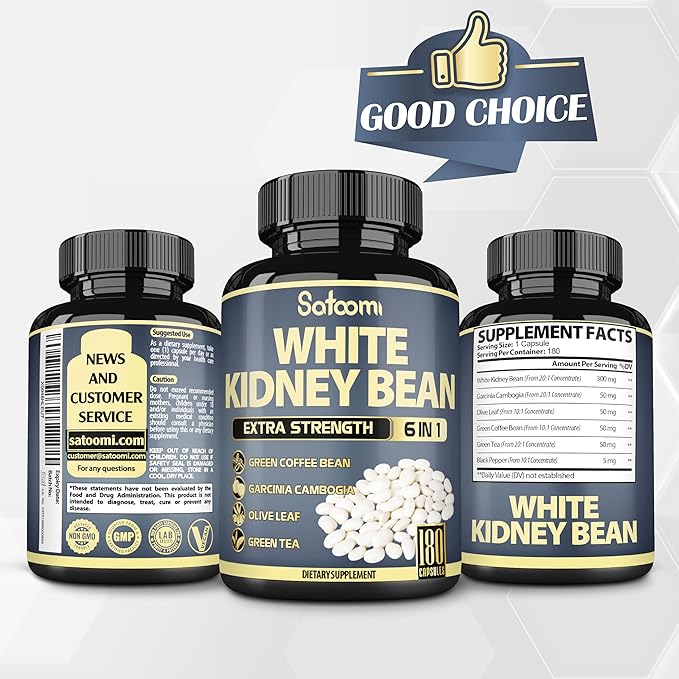Satoomi 6in1 White Kidney Bean Extract Capsules - 6 Month Supply - Extra Blend with Olive Leaf, Green Coffee Bean & Green Tea - 180 Counts