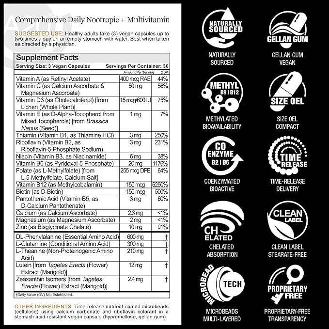 HCF A20 Microbead Brain Supplements for Memory and Focus + Brain Support, Calm, Mood, Alertness, Attention, Vision, Sleep, Immune System, 20 Premium Nootropic Nutrients Multivitamin & 7 Advances® Tech