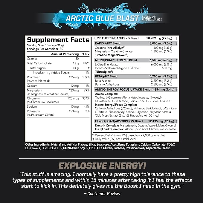 PMD Sports Ultra Pump Fuel Insanity - Pre Workout Drink Mix for Energy, Strength, Endurance, Recovery - Complex Carbohydrates and Amino Energy - Arctic Blue Blast (30 Servings)