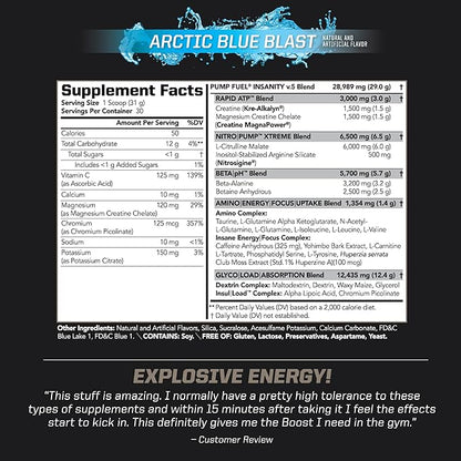 PMD Sports Ultra Pump Fuel Insanity - Pre Workout Drink Mix for Energy, Strength, Endurance, Recovery - Complex Carbohydrates and Amino Energy - Arctic Blue Blast (30 Servings)
