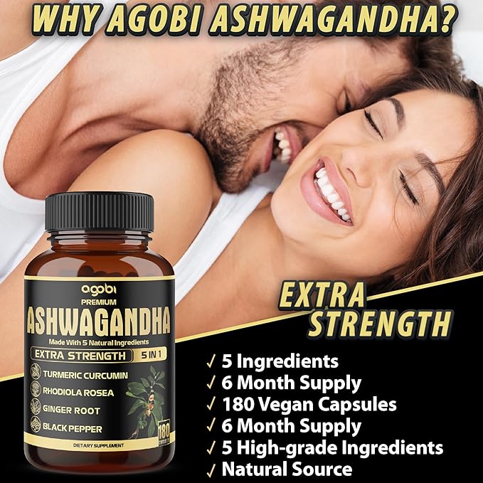 5in1 Premium Ashwagandha Capsules - Added Turmeric, Rhodiola Rosea, Ginger, Black Pepper - Strength, Spirit & Immune Support - 180 Caps for 6 Months