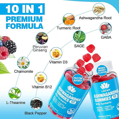 Ashwagandha Gummies, 2000mg Organic Ashwa Root Extract Supplement for Women & Men - 60 Count - Ashwagandha Blend Gummies Combination Supplements