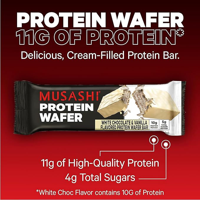 MUSASHI Protein Wafer Bar, 10g Protein, 5g Total Sugars, White Chocolate & Vanilla, Post Workout and Protein Snack On The Go, 12 Pack of 1.4oz (40g) Bars