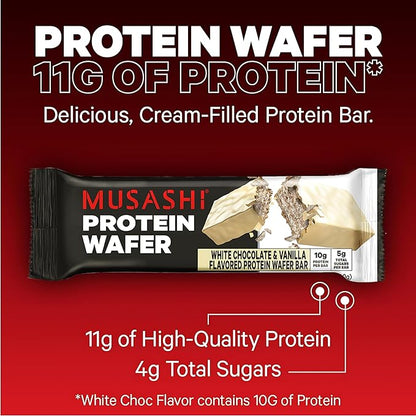 MUSASHI Protein Wafer Bar, 10g Protein, 5g Total Sugars, White Chocolate & Vanilla, Post Workout and Protein Snack On The Go, 12 Pack of 1.4oz (40g) Bars