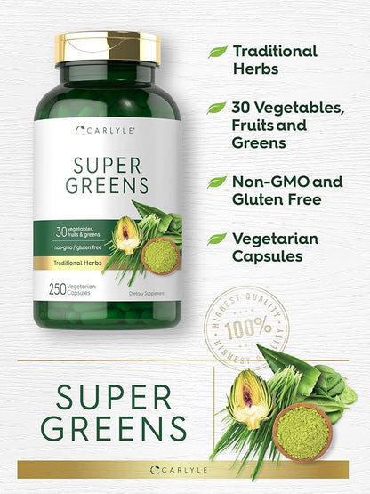 Carlyle Super Greens Capsules | 250 Count | Non-GMO & Gluten Free Supplement
