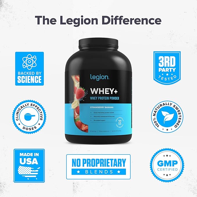 LEGION Whey+ Whey Isolate Protein Powder from Grass Fed Cows - Low Carb, Low Calorie, Non-GMO, Lactose Free, Gluten Free, Sugar Free, All Natural Whey Protein Isolate, 5 Pounds (Strawberry Banana)