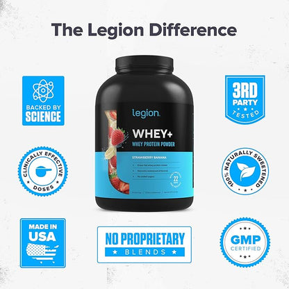 LEGION Whey+ Whey Isolate Protein Powder from Grass Fed Cows - Low Carb, Low Calorie, Non-GMO, Lactose Free, Gluten Free, Sugar Free, All Natural Whey Protein Isolate, 5 Pounds (Strawberry Banana)
