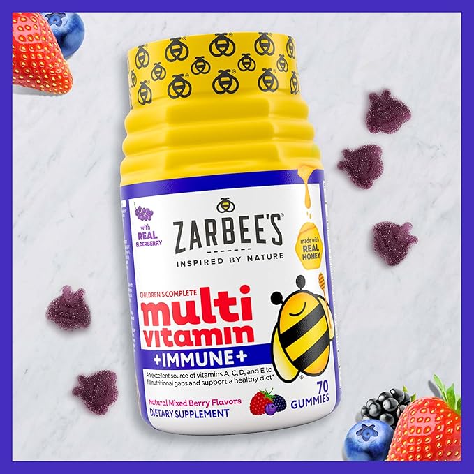 Zarbee's Complete Kids Multivitamin Gummies + Immune Support, Children Vitamins Gummy with Vitamin A, C, D3, E, B6, B12, Folic Acid & Total B-complex, 70 Count