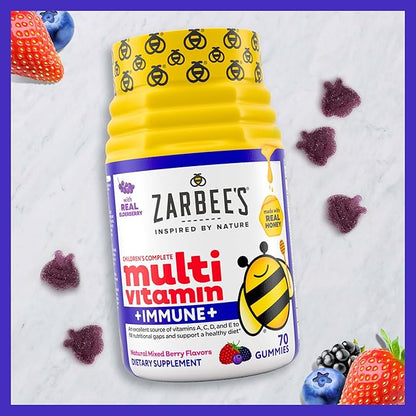 Zarbee's Complete Kids Multivitamin Gummies + Immune Support, Children Vitamins Gummy with Vitamin A, C, D3, E, B6, B12, Folic Acid & Total B-complex, 70 Count