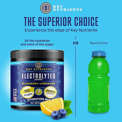 KEY NUTRIENTS Multivitamin Electrolytes Powder No Sugar - Fresh Blueberry Lemonade Electrolyte Powder - Endurance & Energy Supplement - Hydration Powder - No Calories - 90 Servings - Made in USA