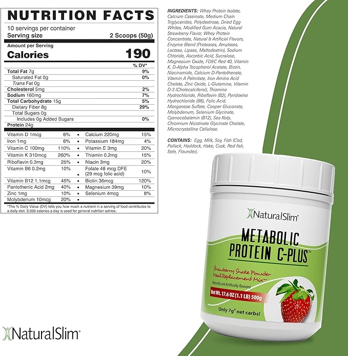 NaturalSlim Strawberry Metabolic C-Plus Meal Replacement Protein Powder - Low Carb Protein Shake with Immune Support Fortified with Vitamin C, Zinc & Amino Acid - 10 Servings 17.6 oz