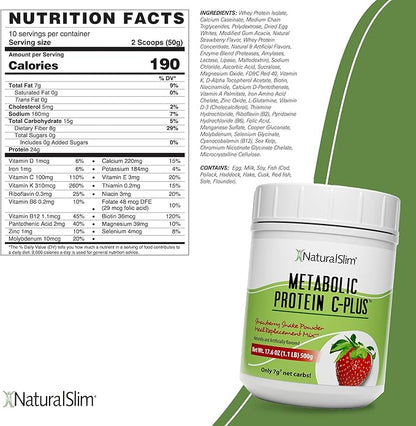 NaturalSlim Strawberry Metabolic C-Plus Meal Replacement Protein Powder - Low Carb Protein Shake with Immune Support Fortified with Vitamin C, Zinc & Amino Acid - 10 Servings 17.6 oz