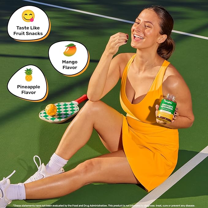 Fungies Cordyceps Mushroom Gummies, Mango & Pineapple Flavor - Mushroom Herbal Supplement Gummy for Adults Supports Endurance, Energy & Performance - Caffeine-Free Energy Gummies - 60 Servings
