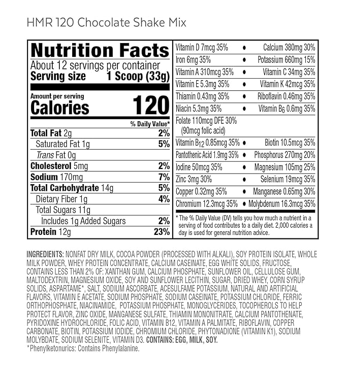 HMR 120 "Classic" Shake Meal Replacement Powder | Chocolate Shake Mix to Support Healthy Weight Loss | 12g of Protein | Nutritional Drink | Low Calorie Food | 12 Servings