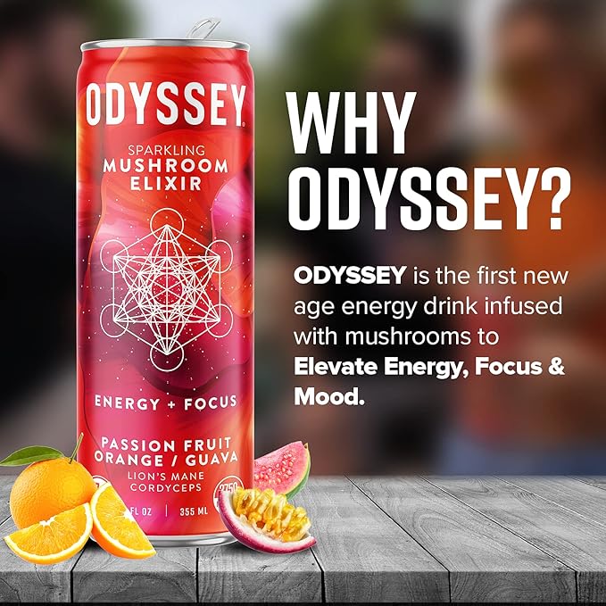 Odyssey Elixir Functional Beverage - Adaptogen Drink - Lions Mane, Cordyceps, L Theanine & Green Tea Caffeine - for Cognition, Energy & Mood Boost - 0 Added Sugar - Passion Fruit Orange Guava - 12 Pk