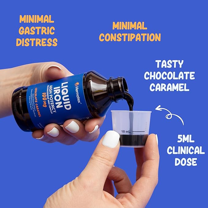 Iron Supplement High Potency Liquid Iron for Adults by Hematex - 100mg Polysaccharide Iron Complex Iron Supplements for Anemia and Iron Deficiency (Chocolate Caramel Flavor)