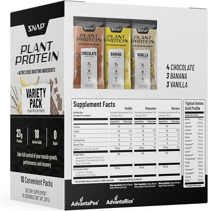 Snap Supplements 100% Plant Based Protein Powder Stick Packs with Nitric Oxide Booster (10 Pack, Variety Pack)