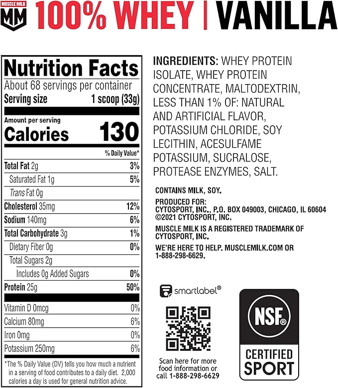 Muscle Milk 100% Whey Protein Powder, Vanilla, 5 Pound, 68 Servings, 25g Protein, 2g Sugar, Low in Fat, NSF Certified for Sport, Energizing Snack, Workout Recovery, Packaging May Vary