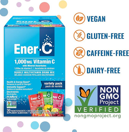 Ener-C Variety Pack Multivitamin Drink Mix Powder Vitamin C 1000mg & Electrolytes with Real Fruit Juice Natural Energy & Immune Support for Women & Men - Non-GMO Vegan & Gluten Free - 30 Count