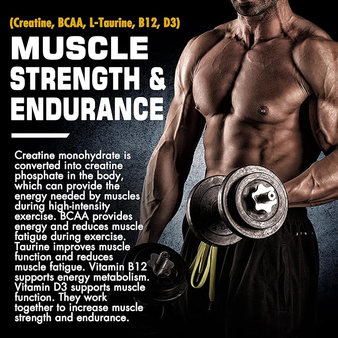 Creatine Monohydrate Gummies 5g for Men & Women, 7000mg with BCAA, Collagen Peptides, L-Taurine, Vitamin B12, D3, Chewables Creatine for Muscle, Delicious Natural Lemon Flavor, Sugar Free, 2 Pack