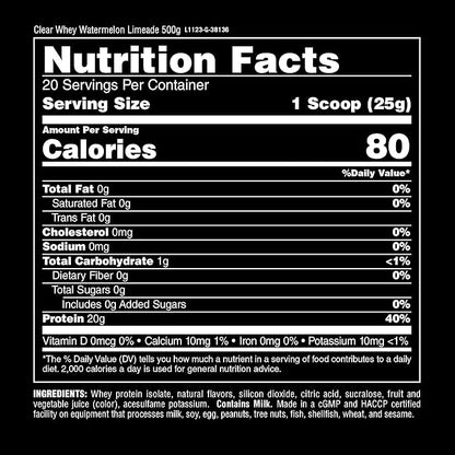 Clear Whey Isolate Protein Powder - Easy to Digest and Mix, 5g BCAA, Deliciously Juicy, Refreshing Anytime Drink for Men and Women, Watermelon Limeade 500g (20 Servings)