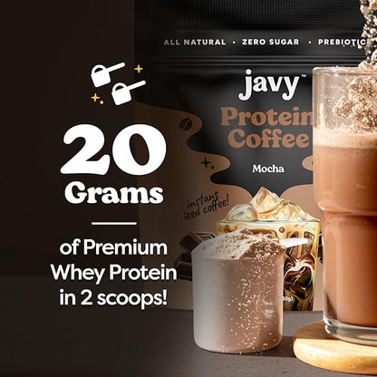 Javy Mocha Protein Coffee - Premium Whey Protein & Instant Iced Coffee - 100% Arabica Coffee - Zero Artificial Flavors & Sweeteners, 20 Servings