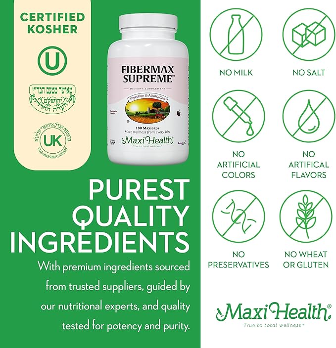 Maxi Fiber for Adults - Kosher Daily Fiber Supplement - 1500 mg Fiber Capsules for Men and Women with Psyllium Husk - Dietary Fiber Pills (Capsules 180 Count (Pack of 1))
