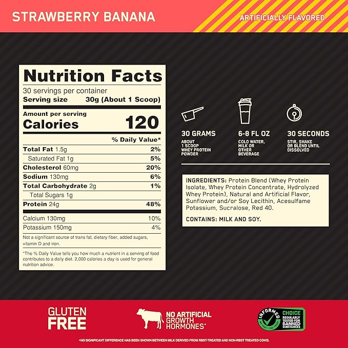 Optimum Nutrition Gold Standard 100% Whey Protein Powder, Strawberry Banana, 2 Pound (Packaging May Vary)