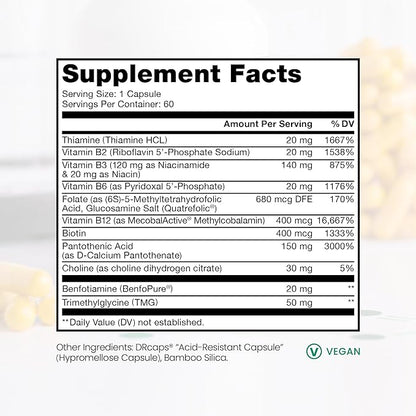 Pure Therapro Rx Methyl Active B Vitamins for Men and Women | Methylated Vitamins Including Methyl B12, Methylfolate, Benfotiamine, Choline, Niacin, TMG & More | 60 Vegetable Capsules