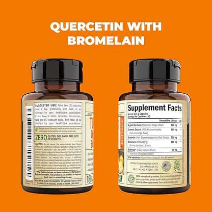 Quercetin with Bromelain Turmeric Supplement - Quercetin 500mg Capsules with Curcumin & Bromelain powder for Allergy & Joint Support. Turmeric Curcumin Bromelain Supplement. 180 Vegan Tumeric Capsules
